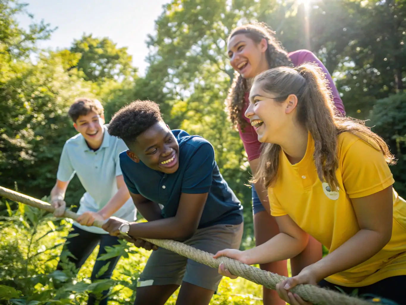 A diverse group of individuals participating in a team-building exercise outdoors, showcasing inclusivity and collaboration. The setting is a scenic outdoor location within the Garabit-Mallet area.