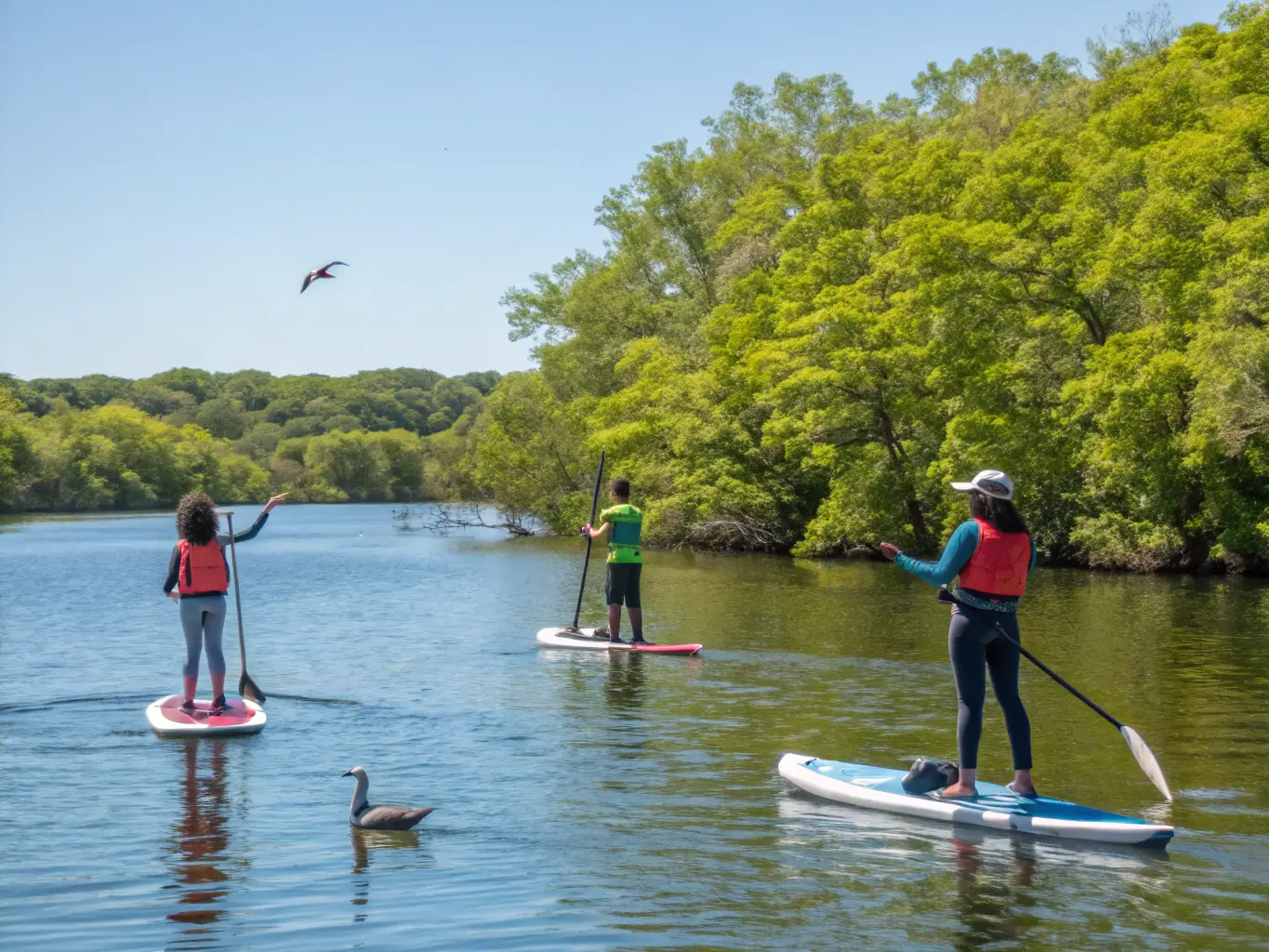A group of children learning to kayak on a calm lake, with instructors nearby ensuring their safety and providing guidance. The background shows lush greenery and clear skies, reflecting the natural beauty of the Garabit-Mallet area.