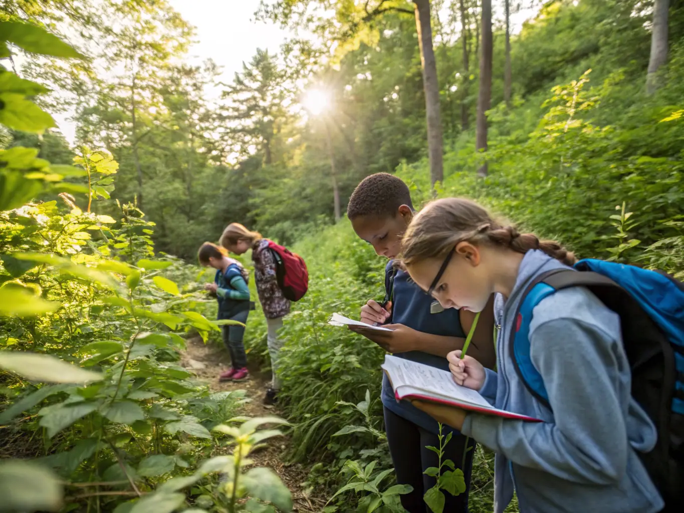 A group of children participating in a nature walk, led by an instructor, exploring the local flora and fauna.
