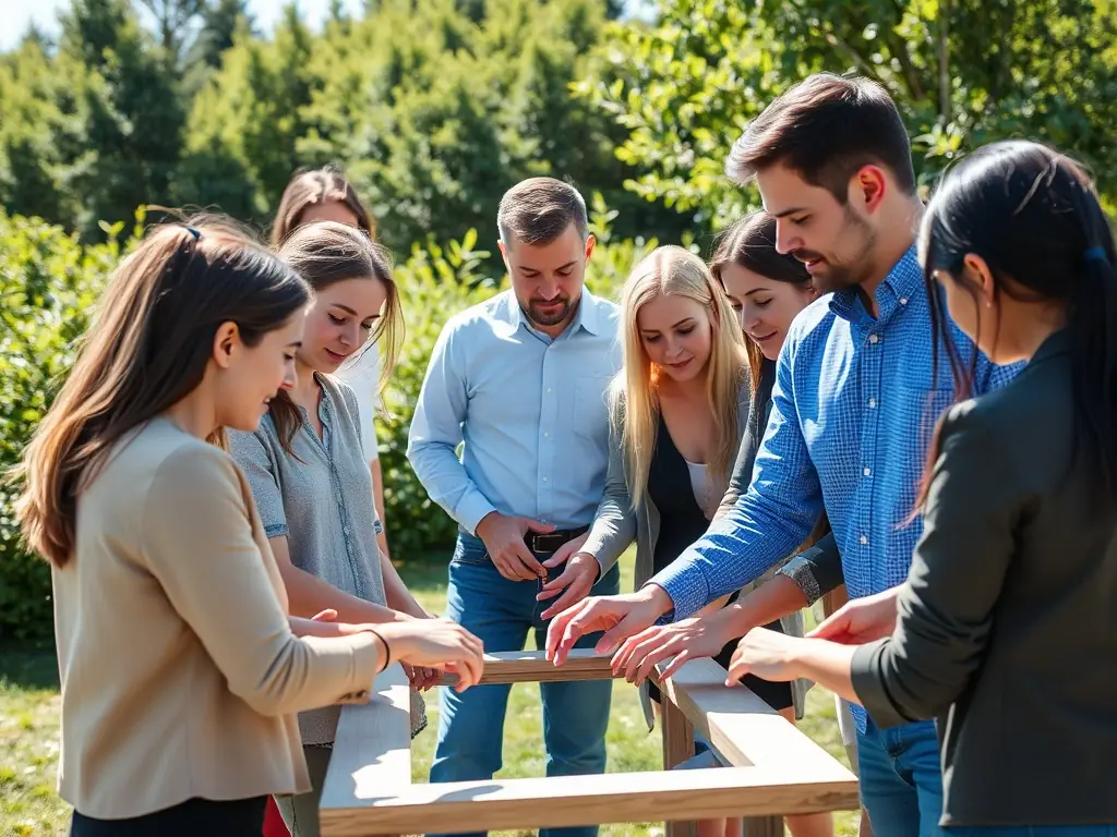 A diverse group of people participating in a team-building exercise outdoors, showcasing inclusivity and collaboration.
