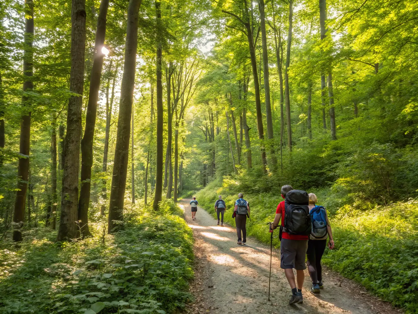 A group of people hiking through a forest trail, led by a guide who is pointing out interesting features of the local flora and fauna. The scene captures the essence of environmental discovery and outdoor learning.